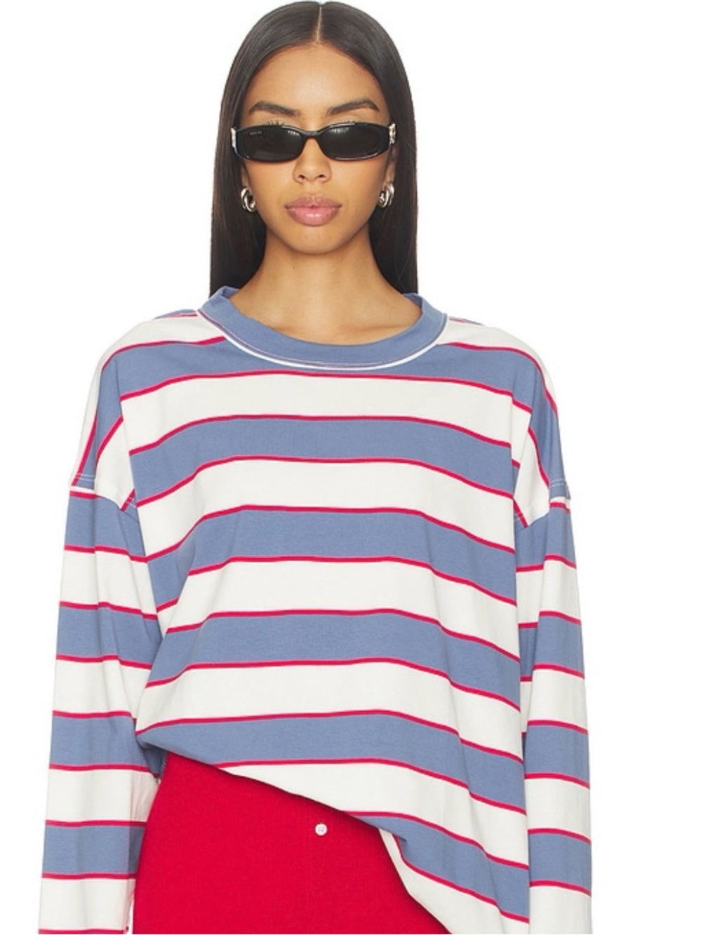 Striped Long-Sleeve Crewneck Top in Blue, White & Pink